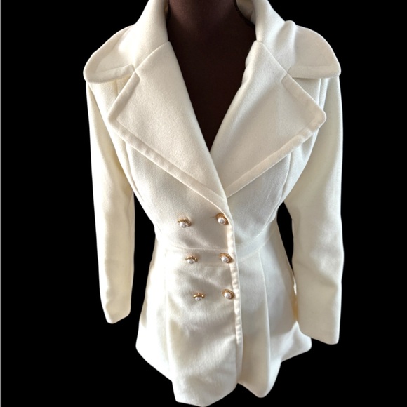 Women Coat, Elegant Cream Double-Breasted Fall Jacket, Christmas Coat, Winter - Picture 5 of 13